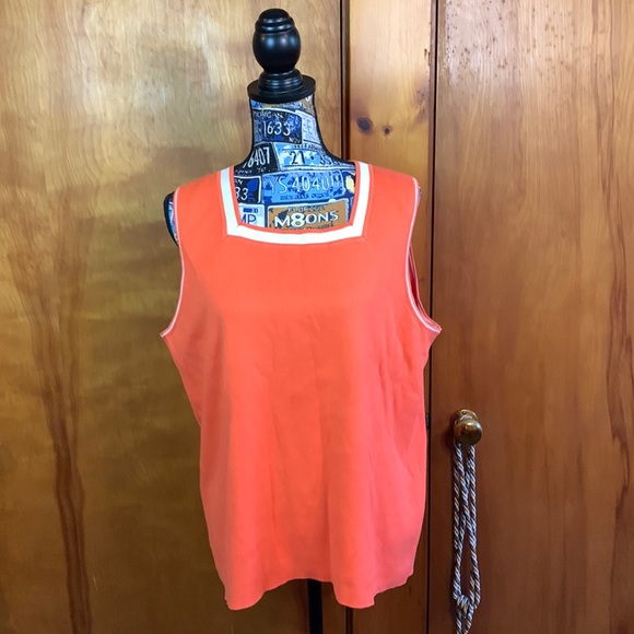 Evie Woman Sleeveless Cotton Blend Sweater. 2X.  Orange With White Trim. - Picture 1 of 6